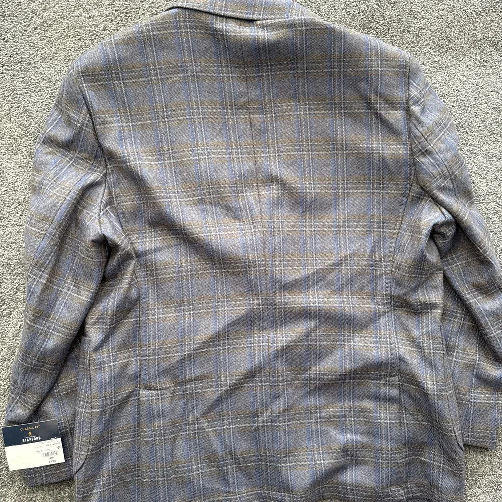 Mens 48R Stafford Sport Coat Suit Gray Plaid Wool Cotton Woven Classic Fit